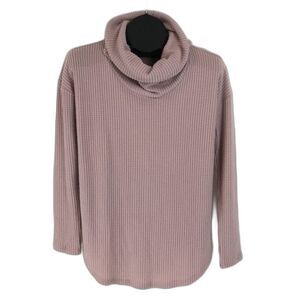 LOFT Waffle Knit Cowl Neck Top Womens XS Oversized Pink Stretch Pullover Thermal